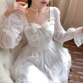 Рокля на френската сладък фея в стил Лолита, дамско дантелено мини рокля Y2K с дълъг ръкав, реколта дрехи Kawaii, пълномаслено облечи, есен
