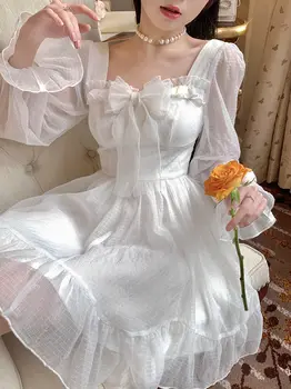 Рокля на френската сладък фея в стил Лолита, дамско дантелено мини рокля Y2K с дълъг ръкав, реколта дрехи Kawaii, пълномаслено облечи, есен